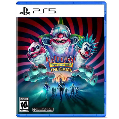 PlayStation 5 game case for 'Killer Klowns from Outer Space: The Game' with clowns and text on a colorful background.
