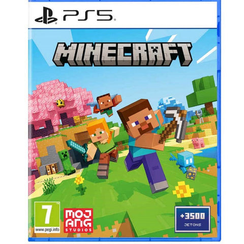 Minecraft game cover for PS5 with characters and pixelated landscape
