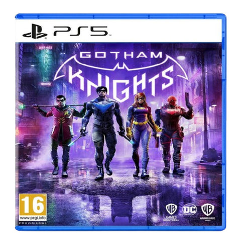 Gotham Knights PlayStation 5 game case with characters and cityscape background