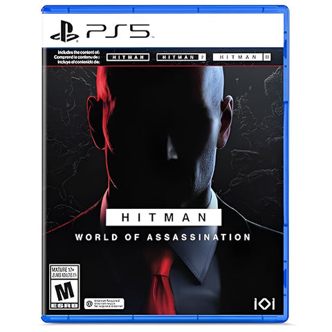 PlayStation 5 game disc for 'Hitman: World of Assassination' with a silhouette design.
