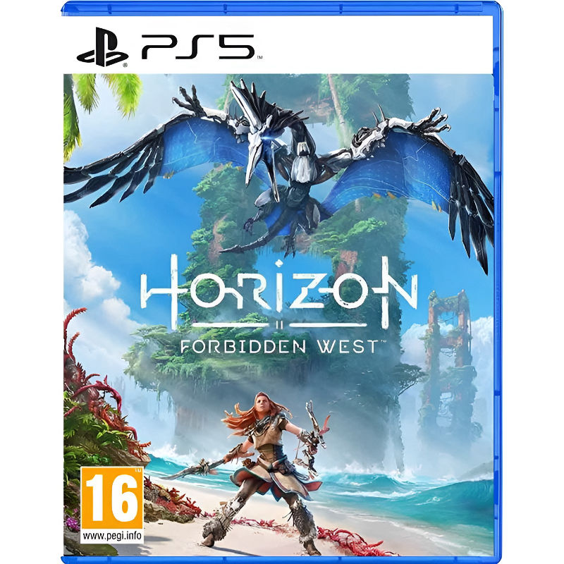 PlayStation 5 game disc cover for 'Horizon Forbidden West' with a character and dragon on a scenic background.