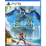 PlayStation 5 game disc cover for 'Horizon Forbidden West' with a character and dragon on a scenic background.
