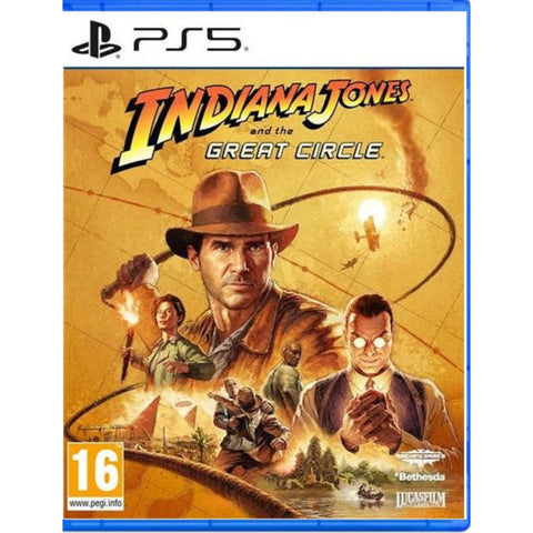 Game cover for 'Indiana Jones and the Great Circle' on PS5 with Indiana Jones and a map background.