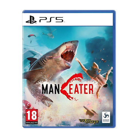 Game box for 'Man Eater' on PS5 with shark and human graphics.