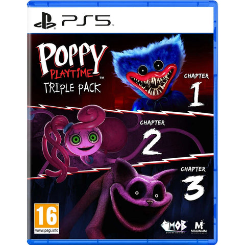 PlayStation 5 game case for 'Poppy Playtime Triple Pack' with three characters on a dark background.