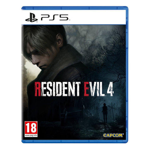 PlayStation 5 game case for 'Resident Evil 4' with a dark forest scene and character.