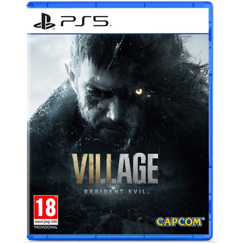 Game case for 'Resident Evil Village' on PS5 with a dark-themed cover featuring a character.