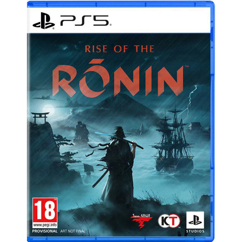 Game box for 'Rise of the Ronin' on PS5 with a samurai and ship design.