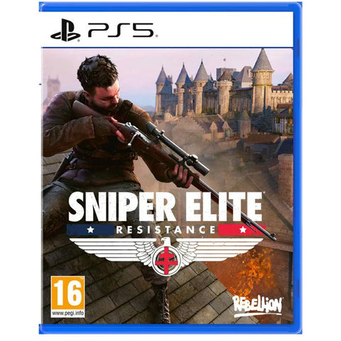 Sniper Elite Resistance game case for PS5 with a character holding a rifle and a castle in the background.