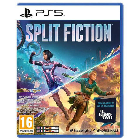 PlayStation 5 game case for 'Split Fiction' with two characters and a futuristic cityscape.