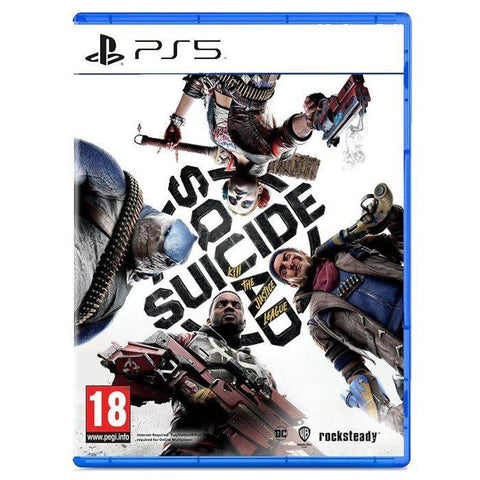 PlayStation 5 game disc cover for 'Suicide Squad' with characters and branding.