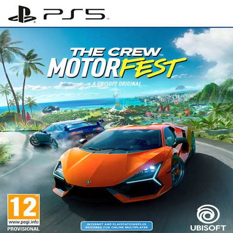 Game cover for 'The Crew MotorFest' with an orange sports car on a tropical road, featuring the PS5 logo and Ubisoft branding.