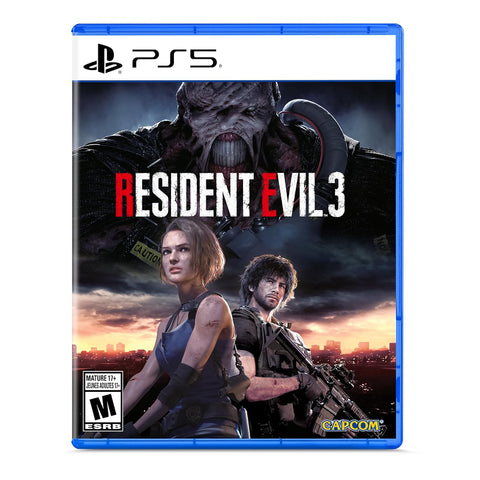 PlayStation 5 game case for 'Resident Evil 3' featuring characters and Capcom logo.