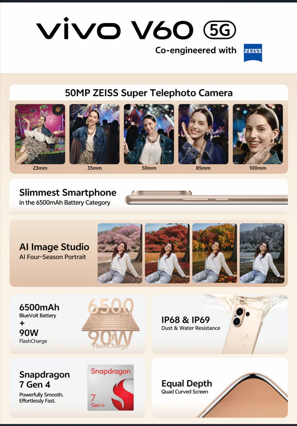 Vivo V60 5G – 6.77″ AMOLED, 12GB RAM, 256GB Storage, Snapdragon 7 Gen 4, 6500mAh Battery