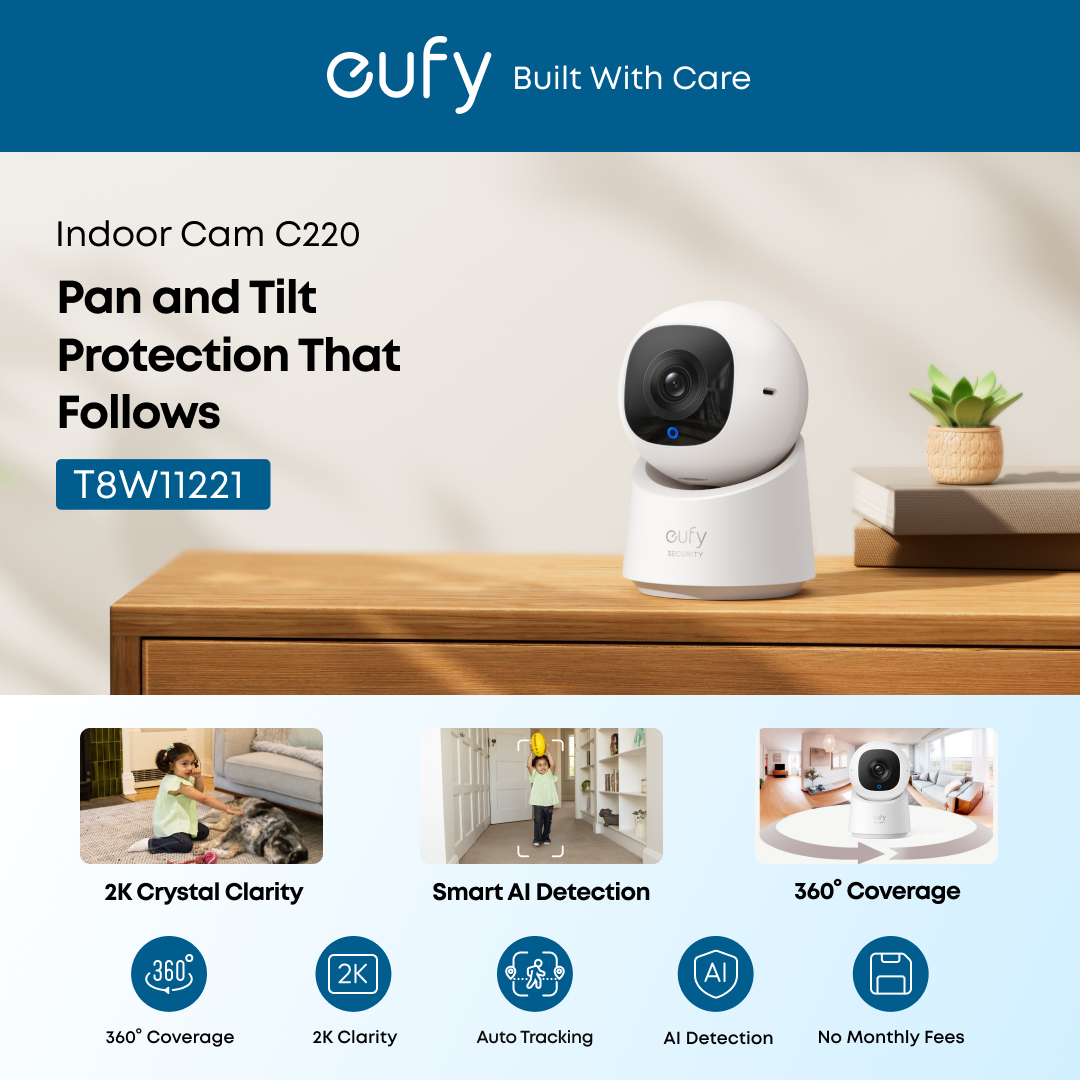 Eufy Security Indoor Cam C220 – 2K Resolution, AI Human Detection, 360° Pan & Tilt, White