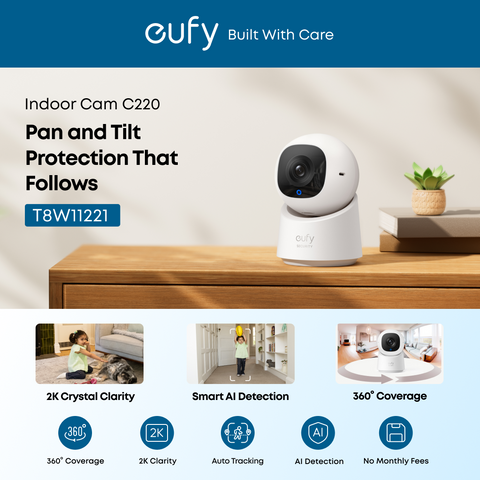 Eufy Security Indoor Cam C220 – 2K Resolution, AI Human Detection, 360° Pan & Tilt, White