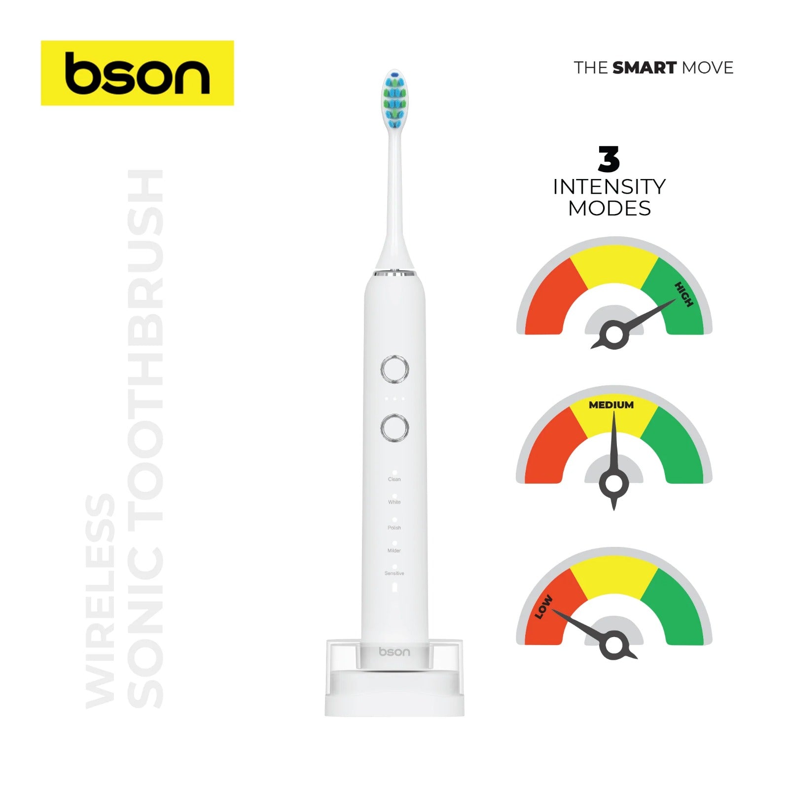 BSON Wireless Sonic Toothbrush - Bson Super Sonic Toothbrush, Ultra Whitening Toothbrush with 15 Modes, 30 Days Long Usage Period, 5 Cleaning Modes, 3 Intensity Modes, 3 Extra Brush Heads, IPX7 Waterproof, and Type-C Charging