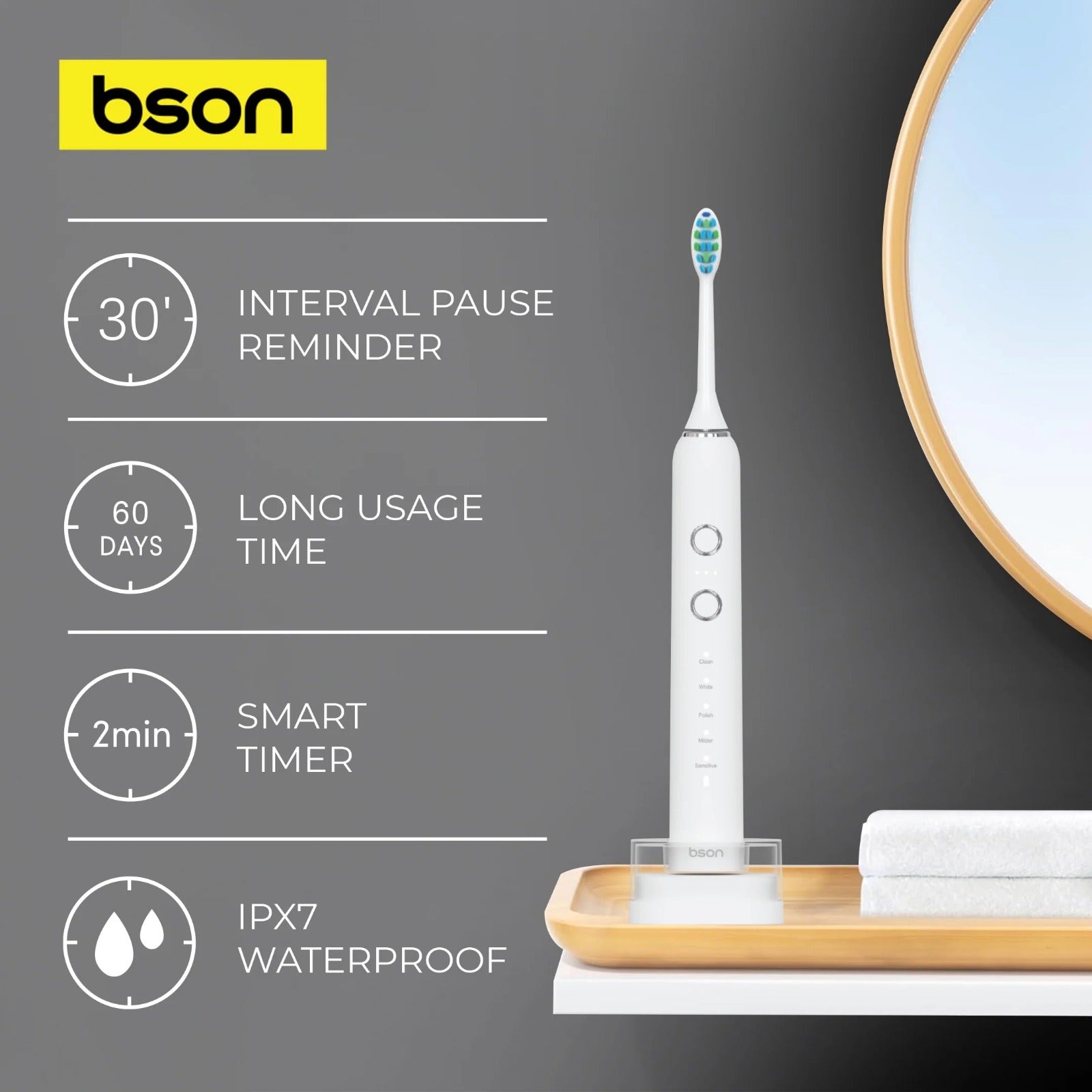 BSON Wireless Sonic Toothbrush - Bson Super Sonic Toothbrush, Ultra Whitening Toothbrush with 15 Modes, 30 Days Long Usage Period, 5 Cleaning Modes, 3 Intensity Modes, 3 Extra Brush Heads, IPX7 Waterproof, and Type-C Charging