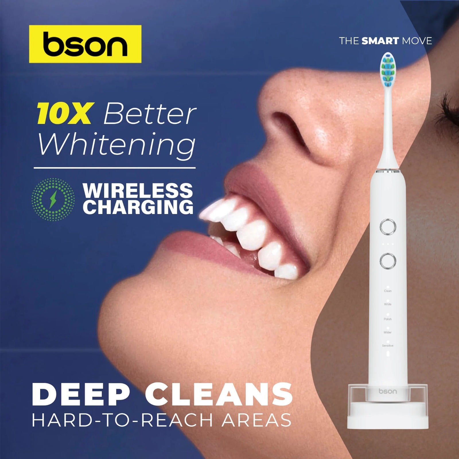 BSON Wireless Sonic Toothbrush - Bson Super Sonic Toothbrush, Ultra Whitening Toothbrush with 15 Modes, 30 Days Long Usage Period, 5 Cleaning Modes, 3 Intensity Modes, 3 Extra Brush Heads, IPX7 Waterproof, and Type-C Charging