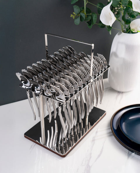 Arshia TM548-3476, 48-Piece Shiny Silver Cutlery Set With Stand