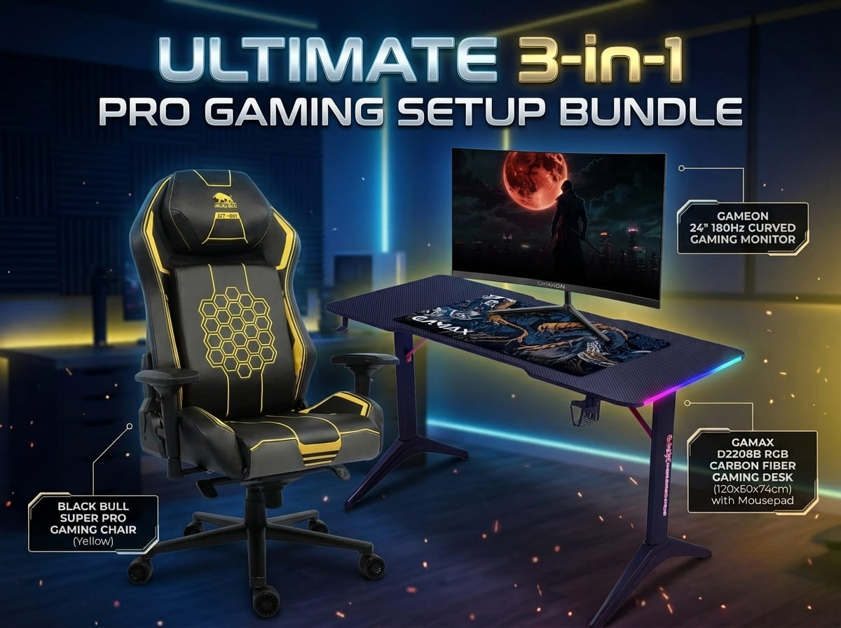 Ultimate 3-in-1 Pro Gaming Setup Bundle: GameOn 24" 180Hz Curved Monitor + Gamax RGB Carbon Desk + Black Bull Gaming Chair