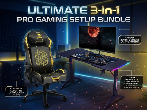 Ultimate 3-in-1 Pro Gaming Setup Bundle: GameOn 24" 180Hz Curved Monitor + Gamax RGB Carbon Desk + Black Bull Gaming Chair