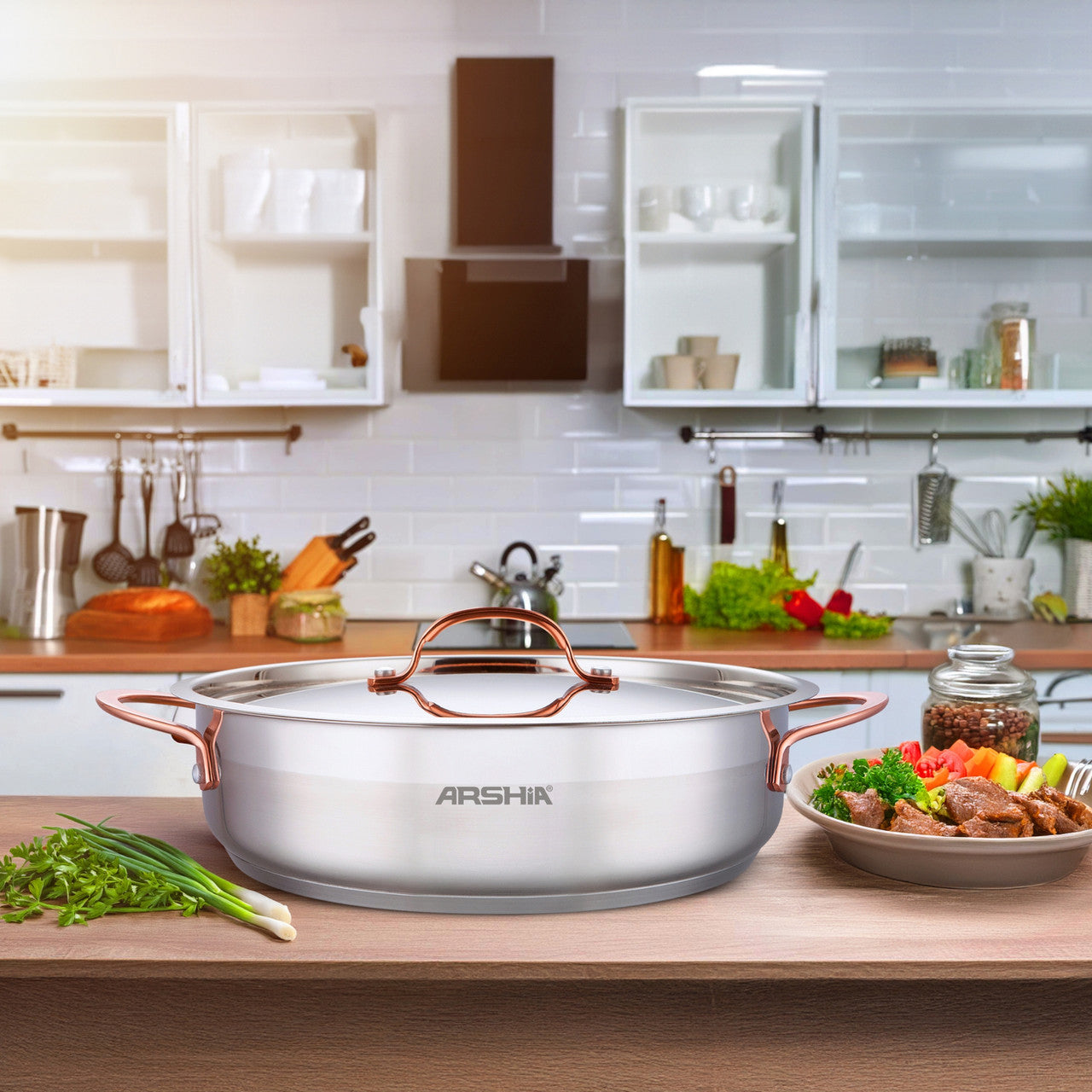 Arshia SS014-3315, 32cm Stainless Steel Shallow Pan With 2 Lids