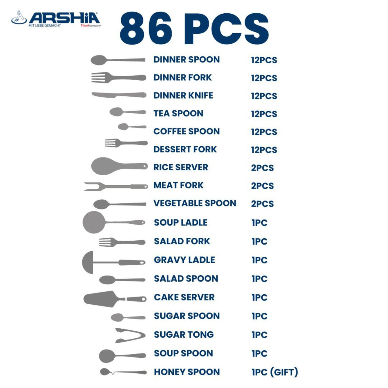 Arshia TM1401G-2360, Premium Stainless Steel Cutlery Set - 86pcs