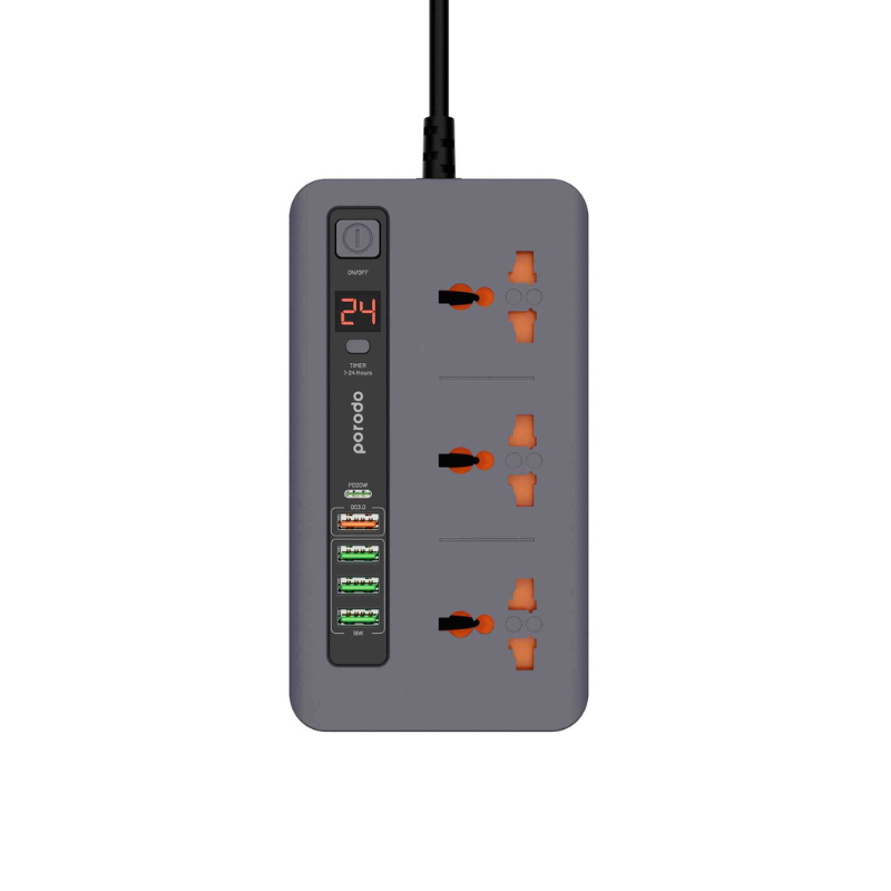 Porodo Multi-Port Power Hub with 3 AC Outlets, USB-C PD 20W, USB-A QC & 24H Timer - 2M