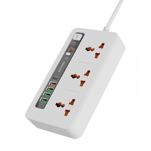 Porodo Multi-Port Power Hub with 3 AC Outlets, USB-C PD 20W, USB-A QC & 24H Timer - 2M