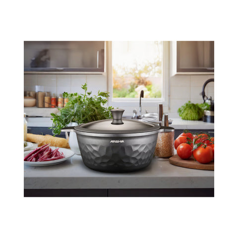 Arshia CO110-3126, 24cm Die-Casting Aluminium Casserole with Lid – Diamond Design, Non-Stick Interior