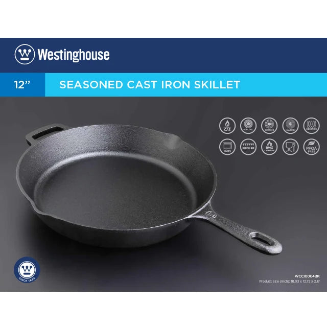 Westinghouse 30 cm Pre-Seasoned Cast Iron Skillet with Helper Handle and Pour Spouts – Black