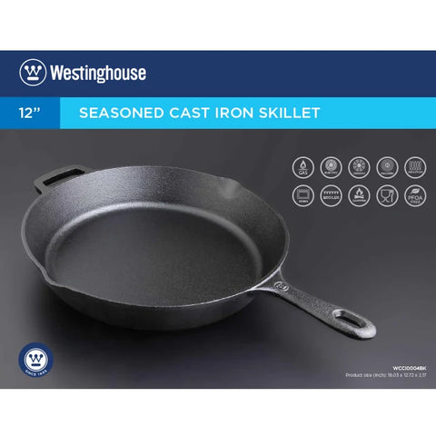 Westinghouse 30 cm Pre-Seasoned Cast Iron Skillet with Helper Handle and Pour Spouts – Black