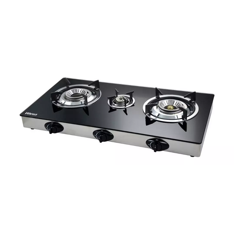 Wansa 3-N5-1608, 3-Burner Gas Stove – Black Glass Top, Auto Ignition, High-Efficiency Whirlwind Flame