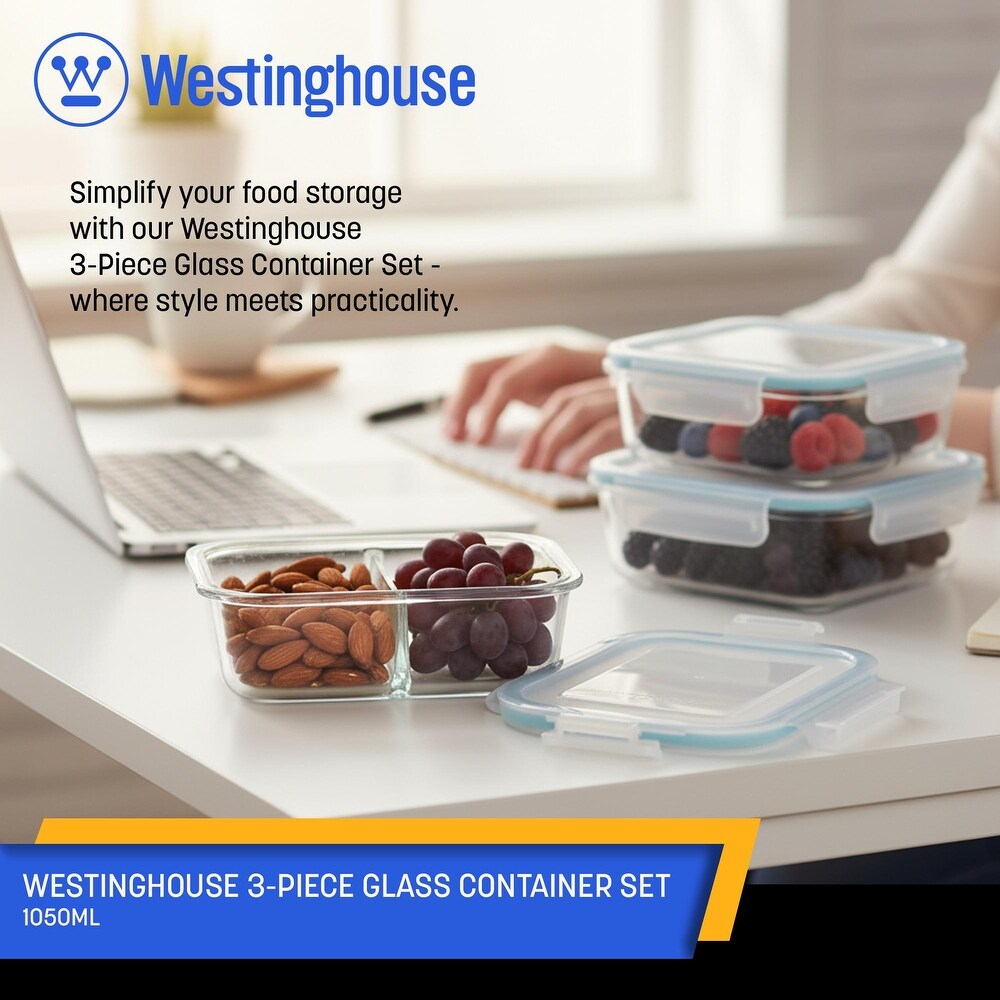 Westinghouse, 3-Piece Glass Food Storage Container Set - Airtight Lids - 1050ml Each