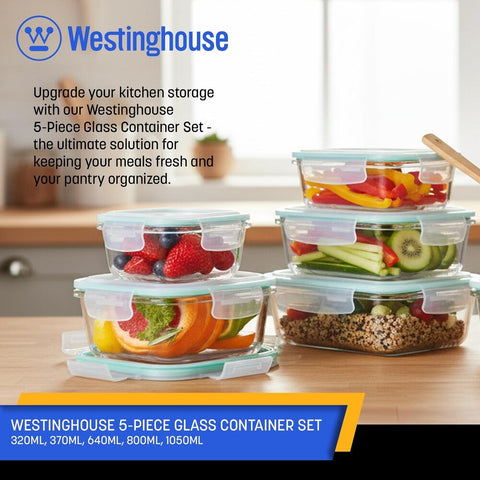 Westinghouse, 5-Piece Glass Food Storage Container Set - 320 to 1050ml
