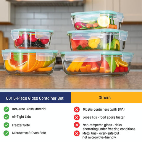 Westinghouse, 5-Piece Glass Food Storage Container Set - 320 to 1050ml