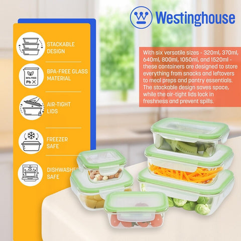 Westinghouse, 6-Piece Glass Food Storage Container Set - Airtight Lids - 320ml to 1520ml
