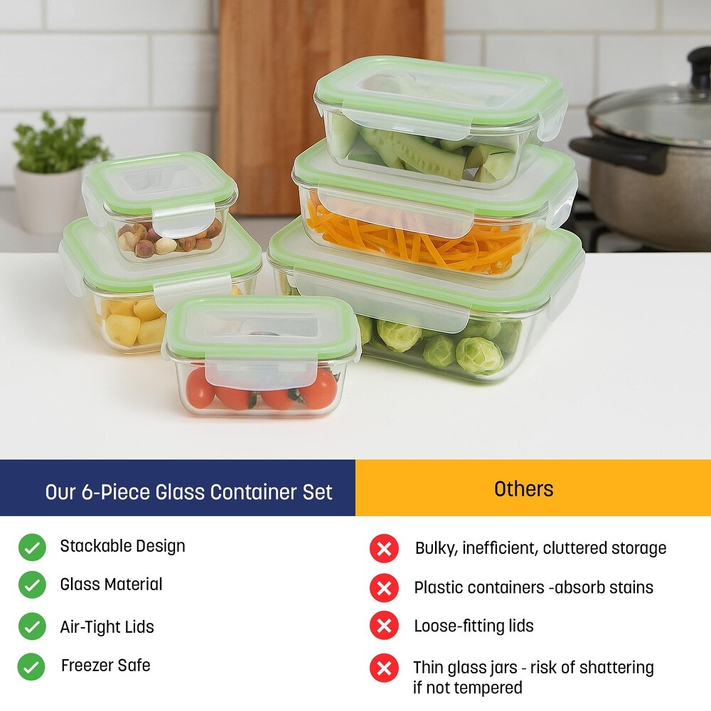 Westinghouse, 6-Piece Glass Food Storage Container Set - Airtight Lids - 320ml to 1520ml