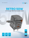 Pawa Retro 50W UK Charger with Type-C Retractable Cable - Black