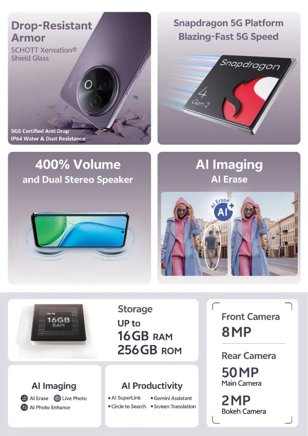 vivo Y39 5G – 6.68-inch Display, 8GB RAM + 8GB Extended, 256GB Storage, Snapdragon 4 Gen 2, 6500mAh Battery