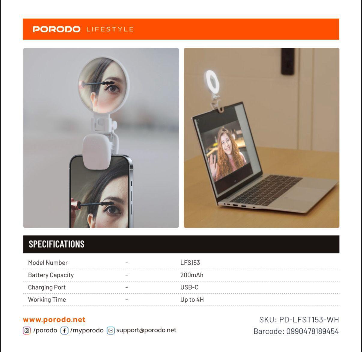 Porodo PD-LFST153-WH, Lifestyle Clip-On Mirror Fill Light - White