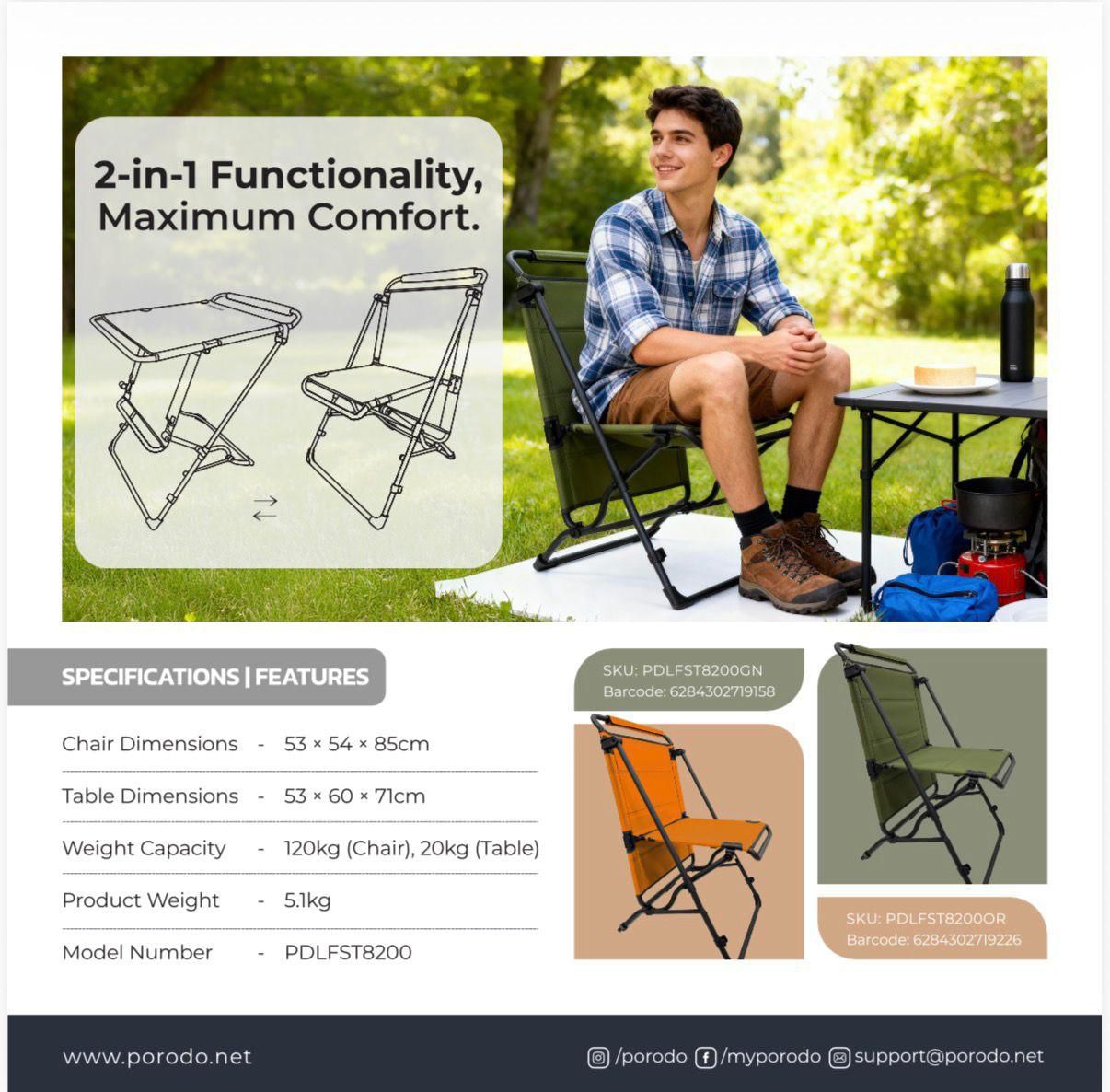 Porodo, Lifestyle Dual-Function Foldable Camping Chair & Table