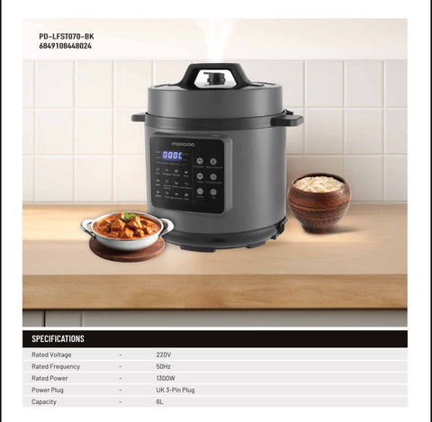 Porodo Lifestyle 1300W Multi-Cuisine Pressure Cooker, 6L – Black
