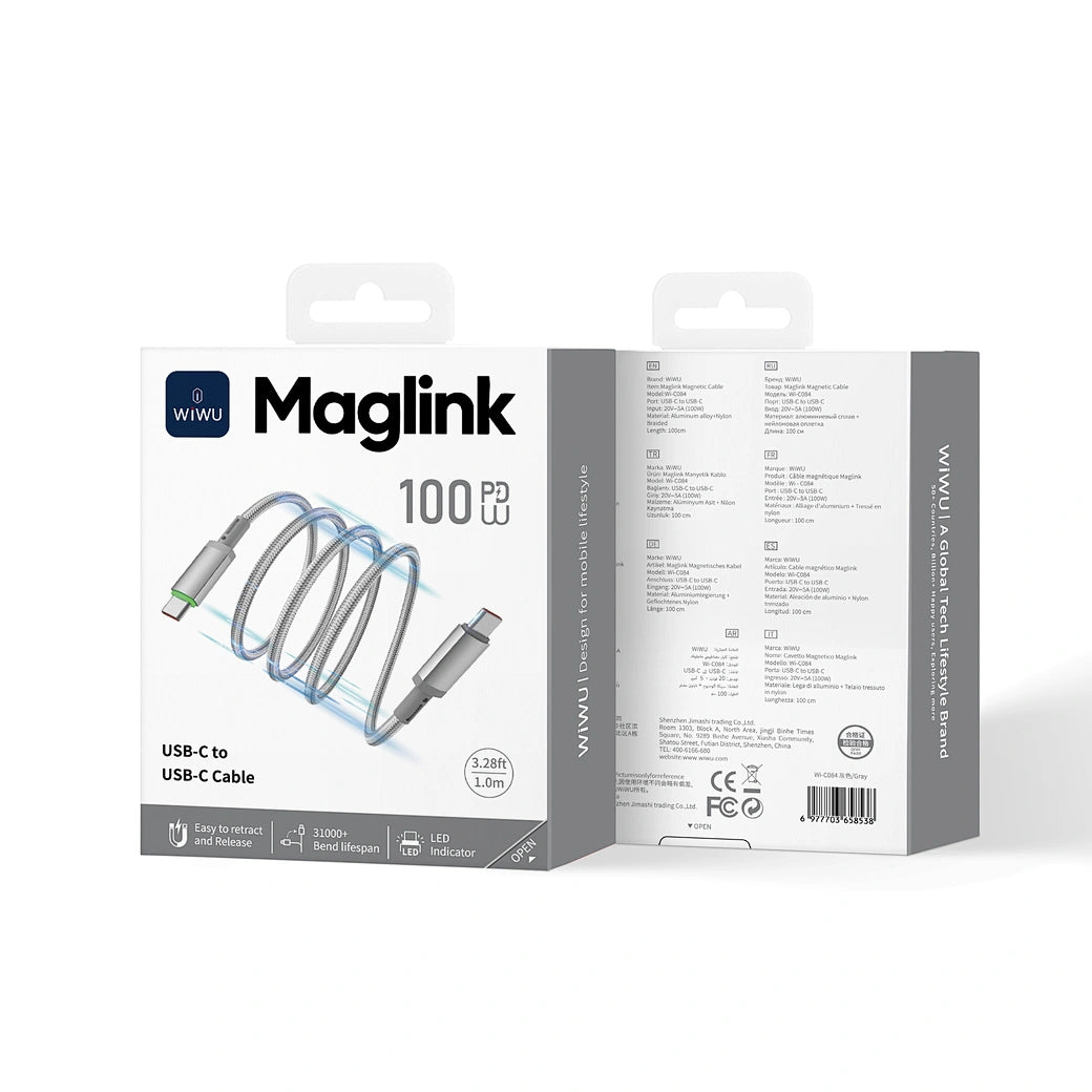 WiWU, 100W Maglink Magnetic USB-C Cable – Fast Charging, Nylon Braided with Zinc Alloy Connectors