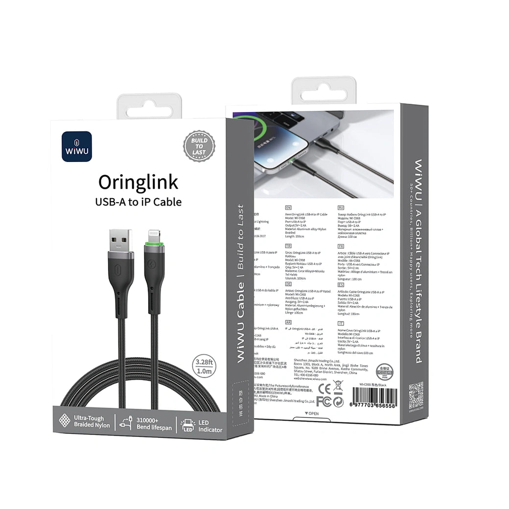 WiWU, USB-A to Lightning Cable 1m – 2.4A Fast Charging Nylon Braided (Wi-C068)