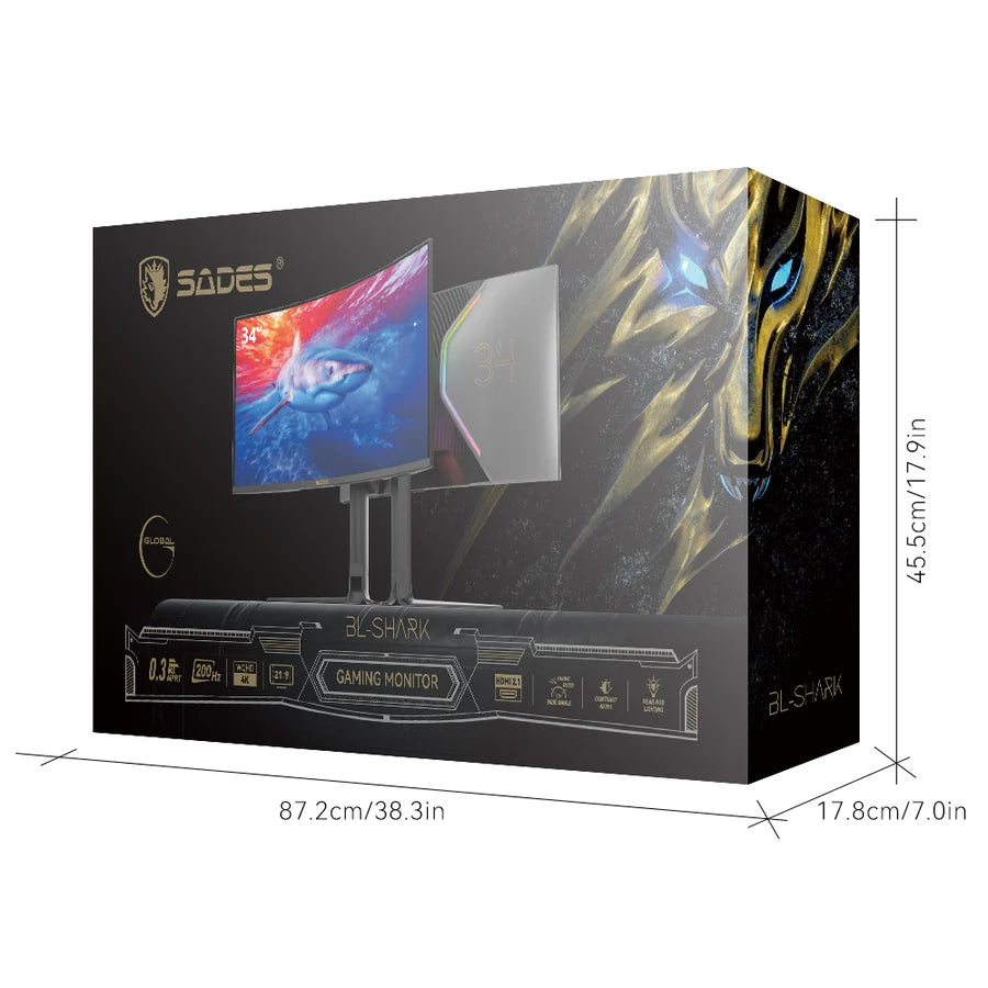 Sades BL-Shark 34" WQHD (3440x1440) 165Hz Refresh Rate, 0.5 Response Time, HDMI 2.1, VA Curved Gaming Monitor - Black