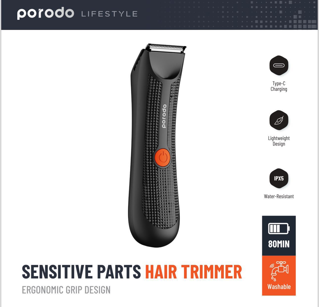Porodo, Lifestyle Sensitive Parts Hair Trimmer, Ergonomic Grip Design
