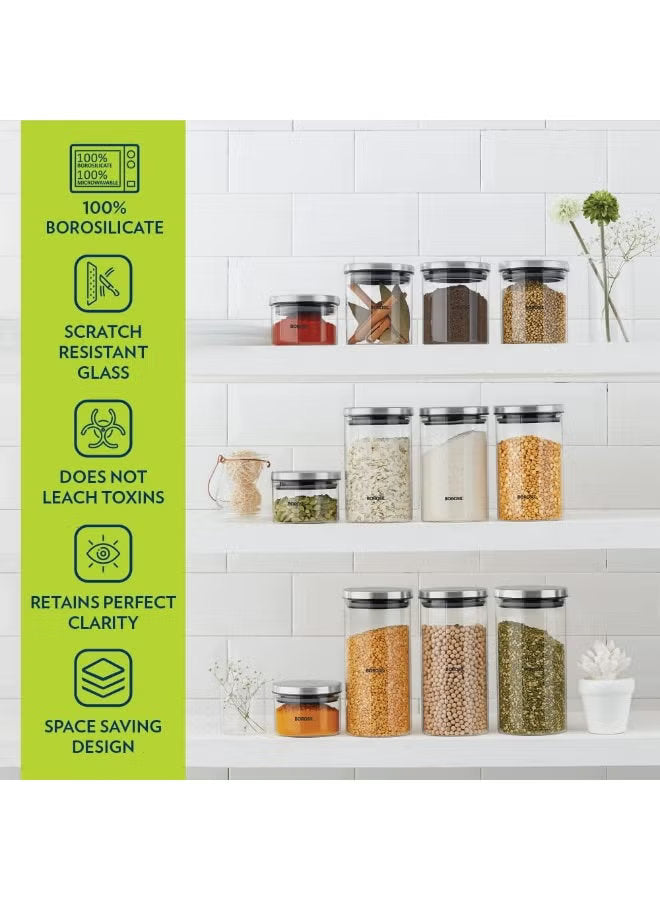 برطمان Borosil Classic لحفظ الطعام من زجاج البوروسيليكات مع غطاء من الستانلس ستيل، آمن للميكروويف والفرن والفريزر