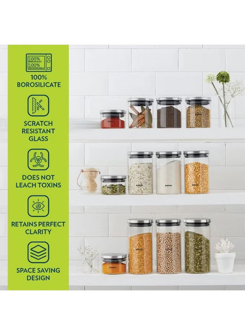 برطمان Borosil Classic لحفظ الطعام من زجاج البوروسيليكات مع غطاء من الستانلس ستيل، آمن للميكروويف والفرن والفريزر